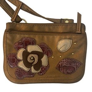 Relic Women’s Crossbody Shoulder Handbag Purse Metallic Flower Embellished Brown